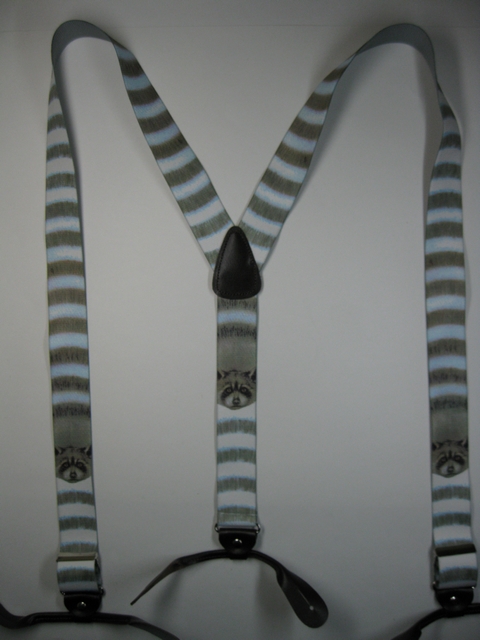 WILDLIFE RACCOON Button On.1 1/2"x 48" "Y" Style Leather Ends. Entirely Stretchable Hand Washable and Hang to Dry Cotton/Polyester Material. YB-PB130N48WLRC